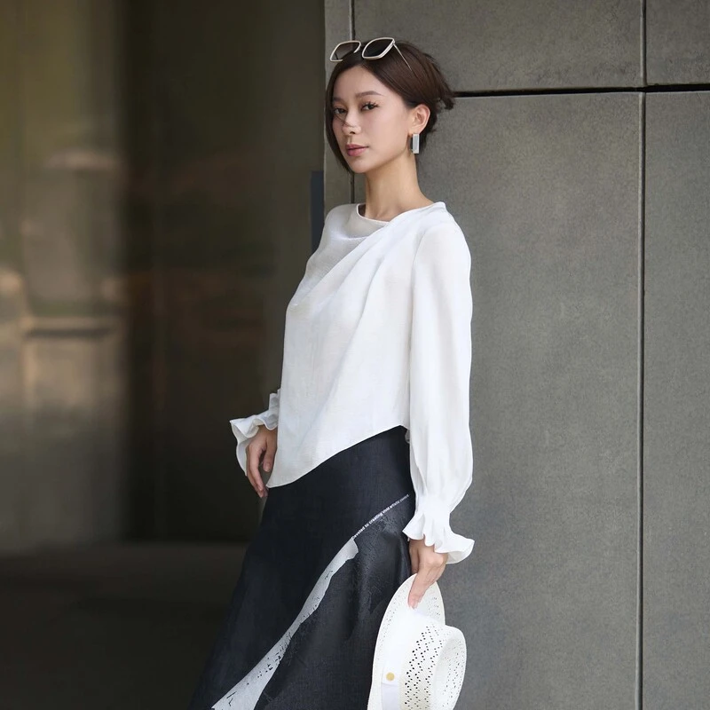 圣迪奥女装不规则领垂坠解构雪纺衬衫S24380510