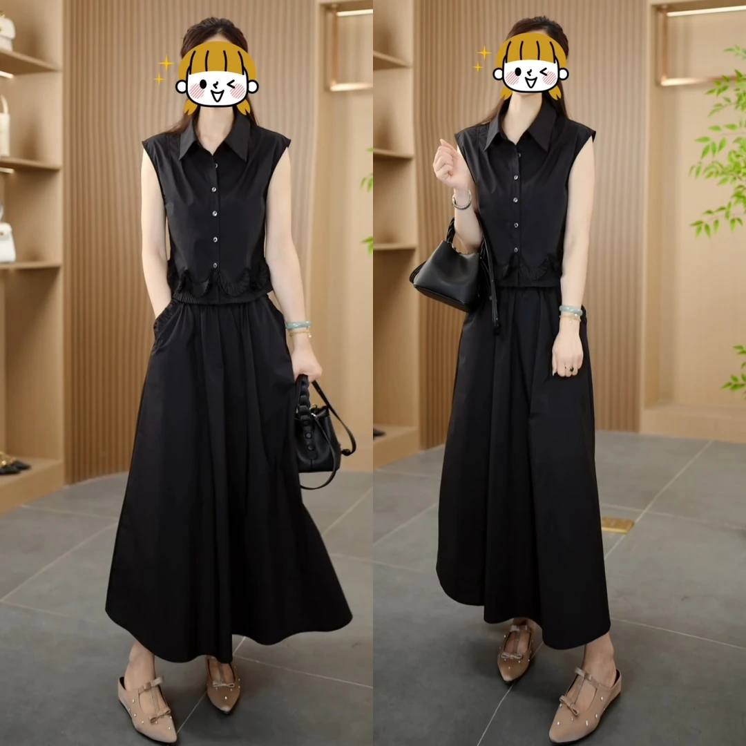 2025夏季新款法式收腰黑色上衣时尚半身裙套装小众百搭洋气两件套