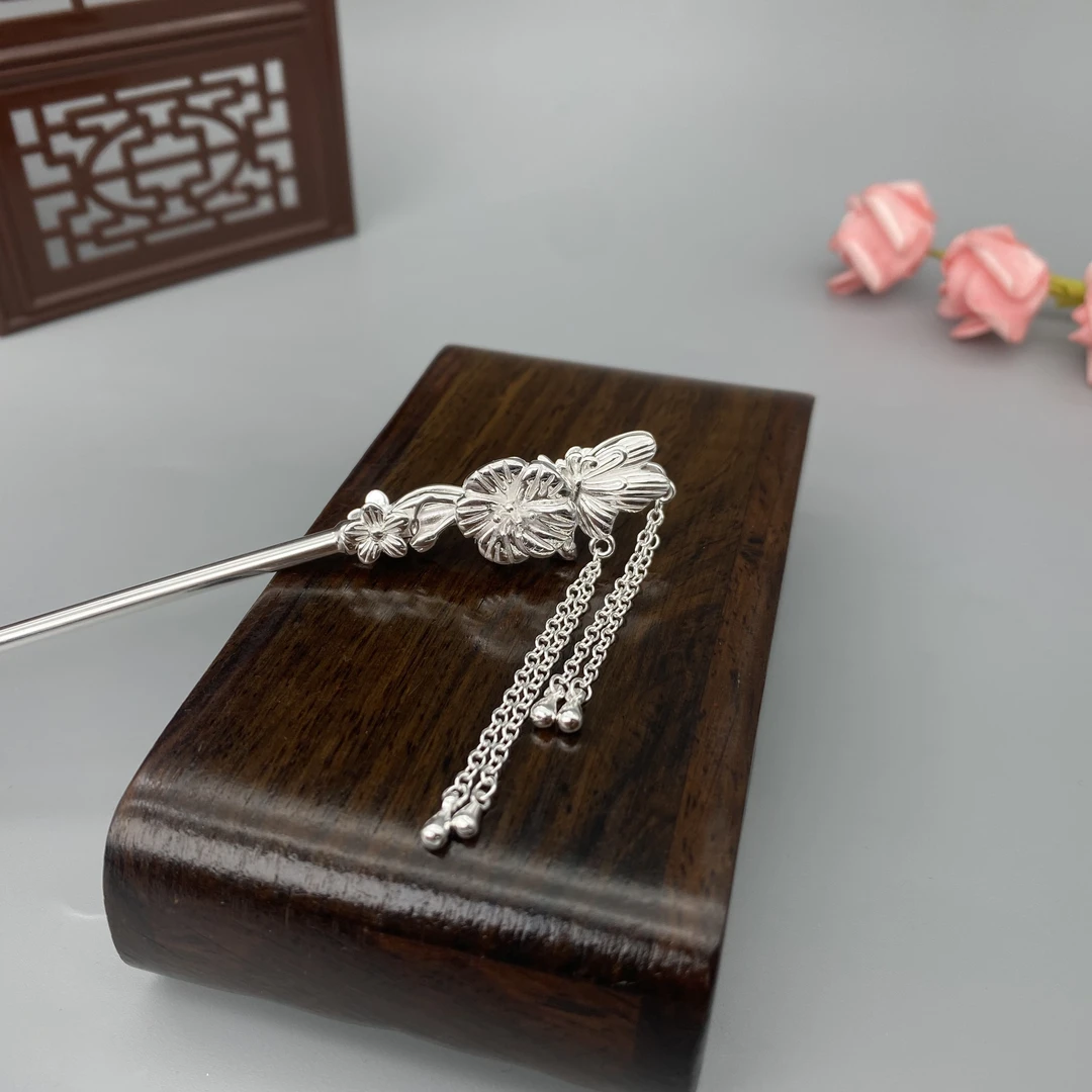 足银银制品 【花飞花簪】足银纯手工新中式国风经典气质素款发簪