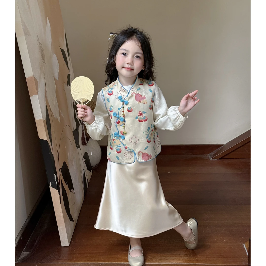 现货）汉服旗袍女童国风新中式套装秋装复古唐装马甲周岁女宝礼裙