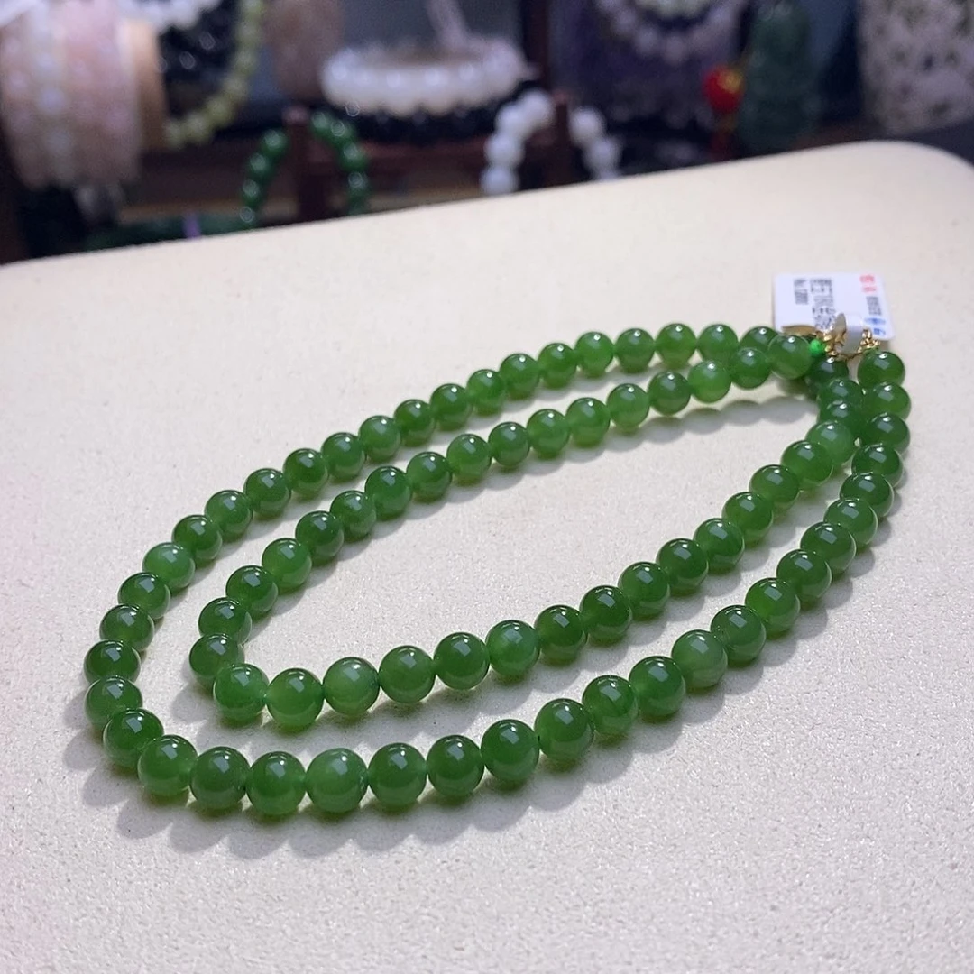 颈饰未镶嵌和田玉碧玉金镶阳绿项链6MM