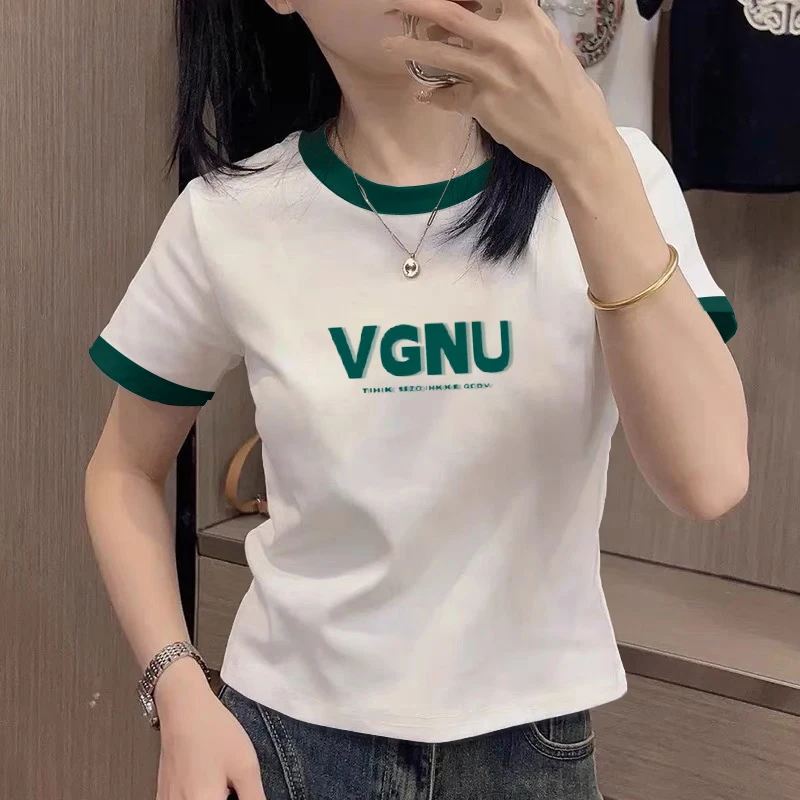 撞色圆领短袖t恤女士夏季修身半袖体恤时尚字母印花正肩显瘦上衣