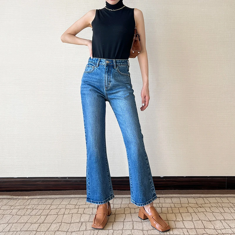 左唐高腰微喇牛仔裤女春秋宽松显瘦法式复古百搭微弹力九分喇叭裤