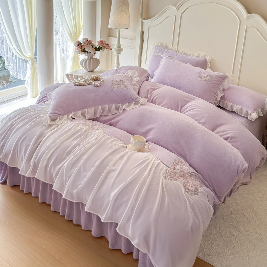 法式加厚刺绣牛奶绒四件套花边床盖公主风双面绒加绒被套被罩床单