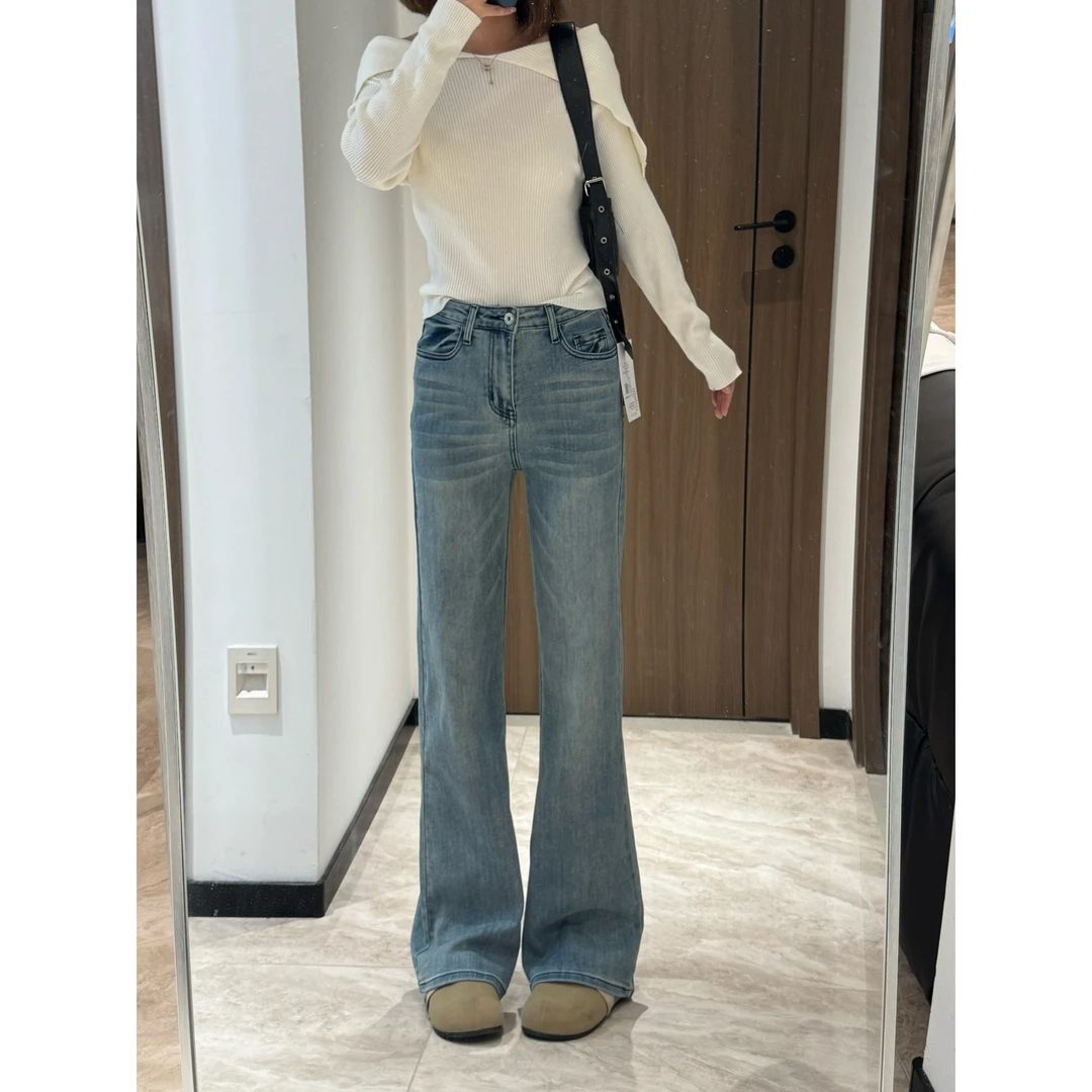 2025年秋季新款高腰微喇牛仔裤女显瘦弹力复古小个子九分喇叭裤子