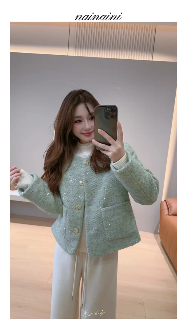 奈奈妮【灵动柔光】加厚夹棉小香风外套2025秋冬女时尚轻奢7738