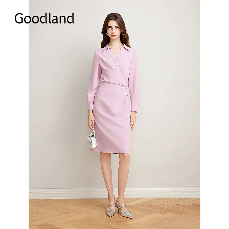 Goodland美地2025春季新款法式甜粉扭结式收褶优雅衬衫连衣裙
