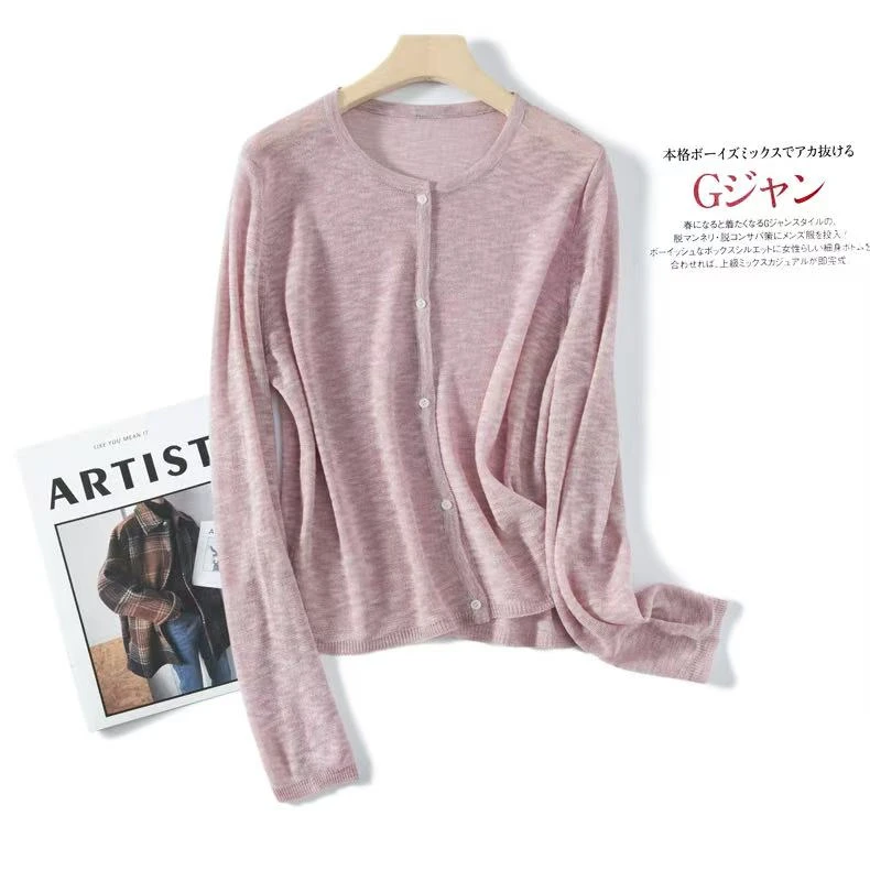 桑蚕丝亚麻针织开衫女薄款圆领冰丝外套宽松外搭披肩防晒空调衫夏