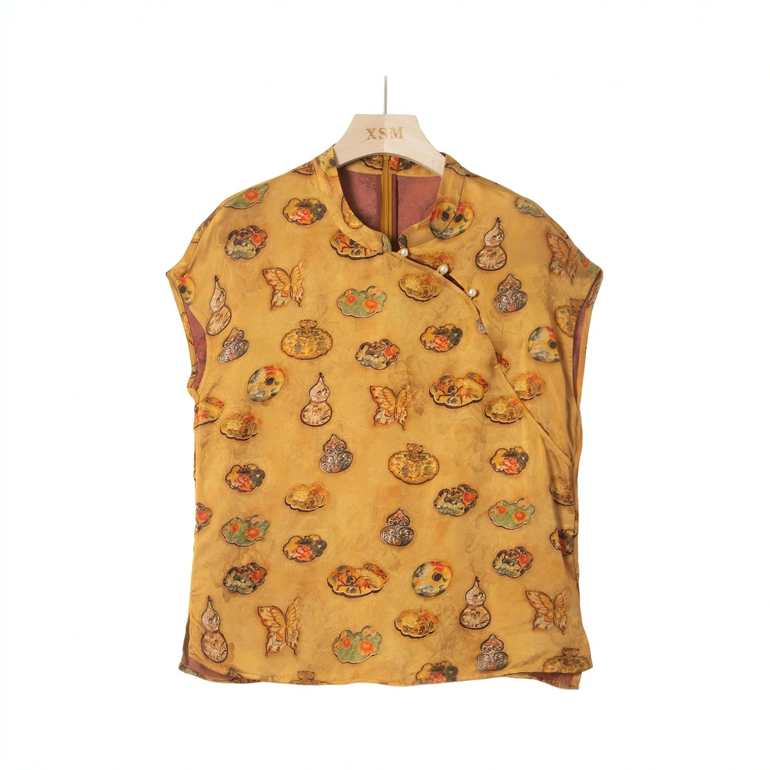 葫芦碟萦衫-新中式国风印花时尚百搭上衣1300（金色葫芦）AS