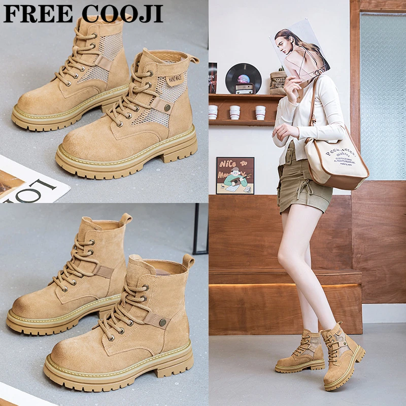 FREE COOJI马丁靴女2025新款夏季网面透气工装短靴小码内增高厚底