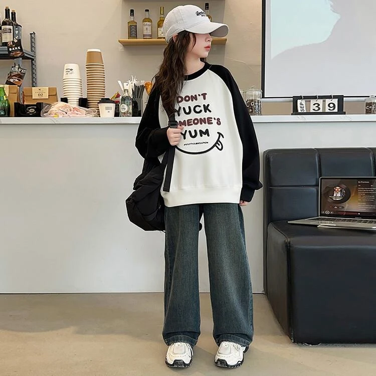 女童秋装韩系字母卫衣宽松百搭2025新款春秋中大童拼色打底衫上衣