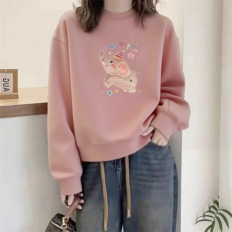 韩系圆领加绒卫衣女无帽秋冬2025新款爆款小个子宽松大码加厚上衣