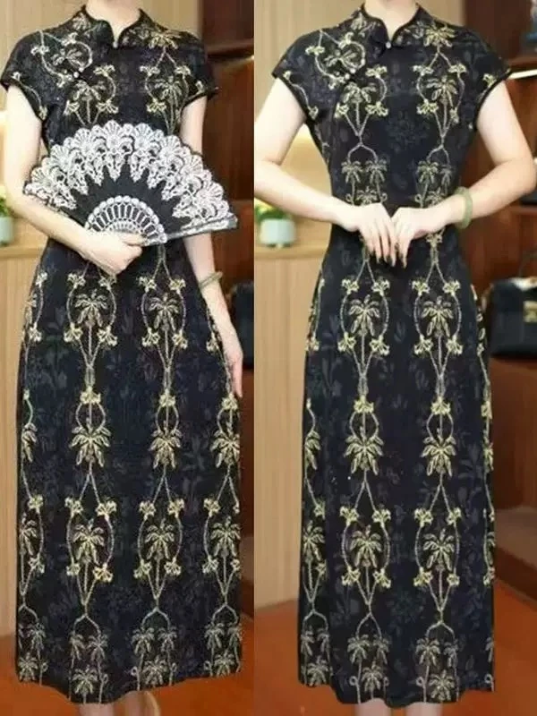 夏季25588新中式盘扣旗袍连衣裙大码洋气阔太太改良显瘦裙子