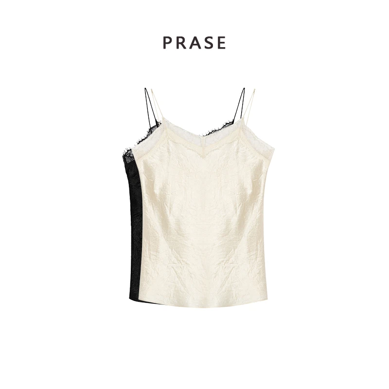 PRASE·噜【醋酸吊带】微胖轻奢设计款春女拼接蕾丝吊带背心PR502C20