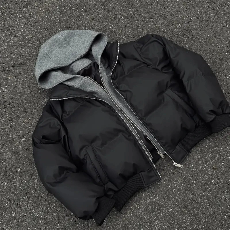 PU皮假两件连帽宽松棉衣男女保暖短款潮流冬季纯色加厚棉服秋冬季