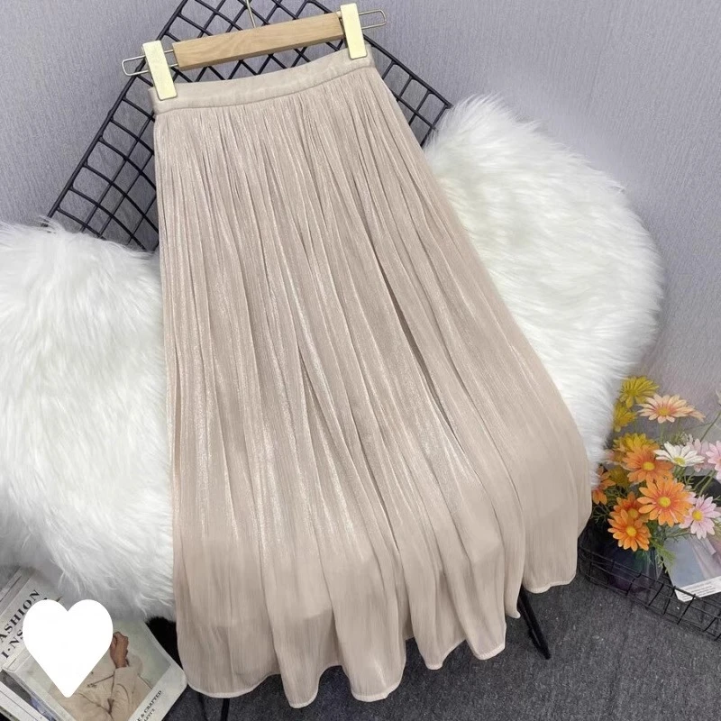 高腰半身裙女夏a字中长款显瘦百褶流光纱裙纯色半裙2025夏秋裙子