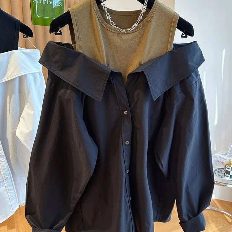 2025秋季新款露肩胖妹妹辣妹上衣宽松背心拼接长袖衬衫假两件上衣