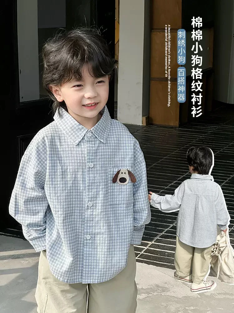 清仓！拉萨发货儿童秋长袖卡通衬衫2025男童女童格子衬衣洋气翻领