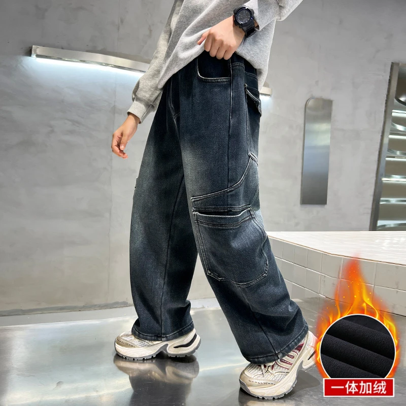 男童加绒裤子2024新款中大男孩加厚秋冬牛仔裤儿童直筒宽松棉长裤