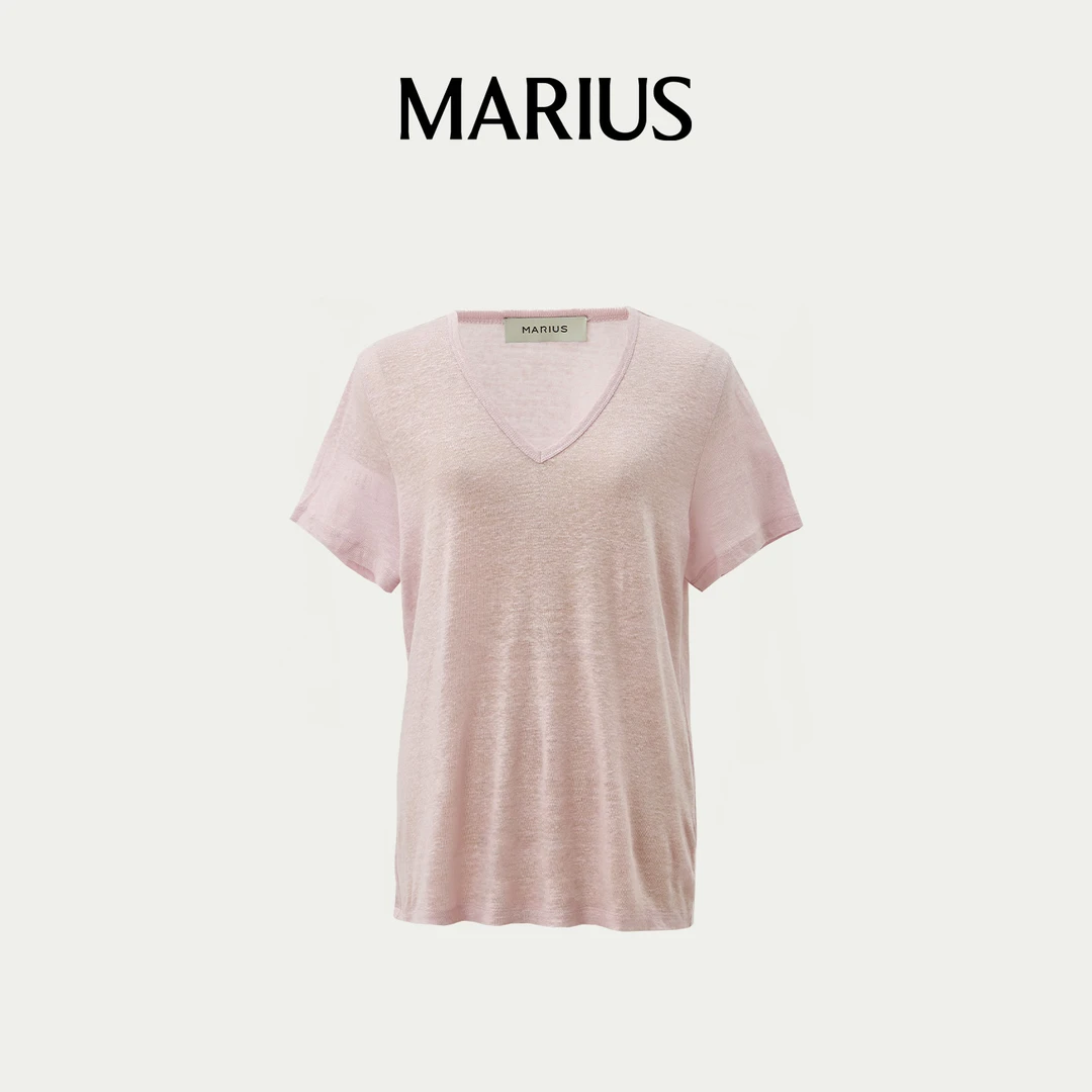 MARIUS“麻小条”V领宽松型休闲风常规型五分袖简约舒适