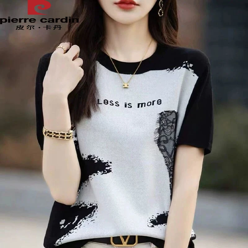 皮尔卡丹短袖t恤女夏季2025新款打底衫洋气水墨蕾丝大码女装冰丝