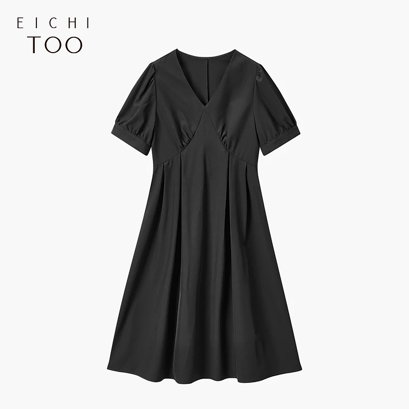 爱居兔时尚V领宽松舒适小黑裙短袖连衣裙EQLBJ2P747A