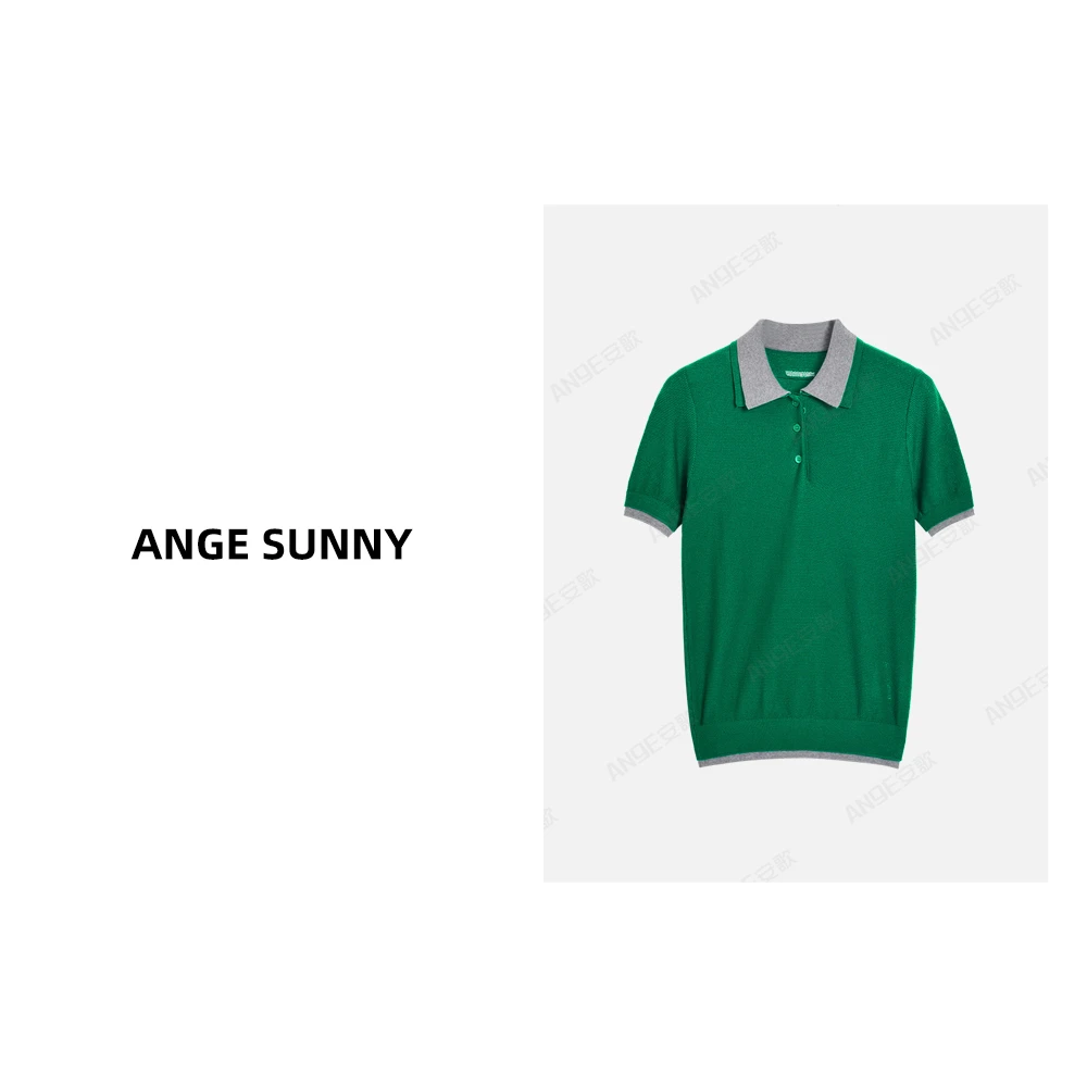 ANGE SUNNY【假两件POLO衫】字母徽标撞色领针织短袖上衣