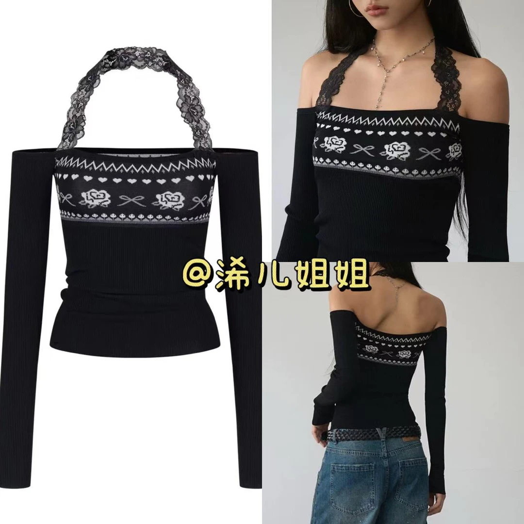 （浠儿家）设计感蕾丝挂脖两穿一字肩毛衣女装初秋撞色辣妹针织上衣