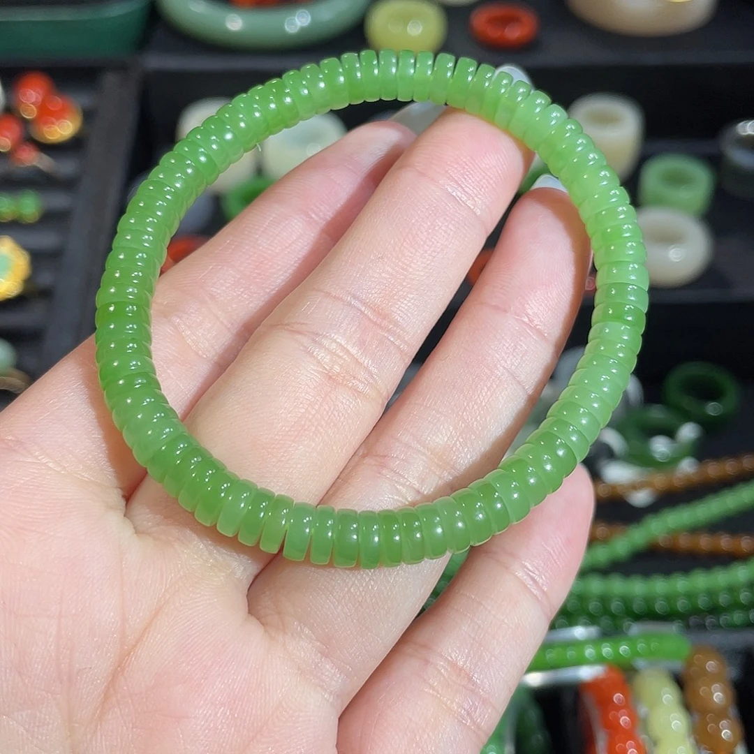 和田玉（碧玉）未镶嵌手串卡6 碧玉果绿药片型手串