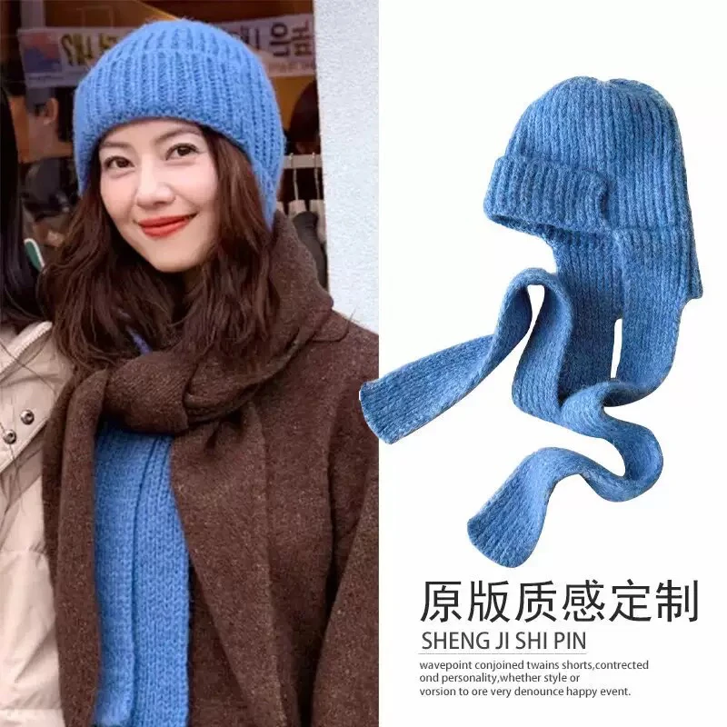 高圆圆同款蓝色围脖帽子新款针织围巾一体帽子气质百搭保暖简约女