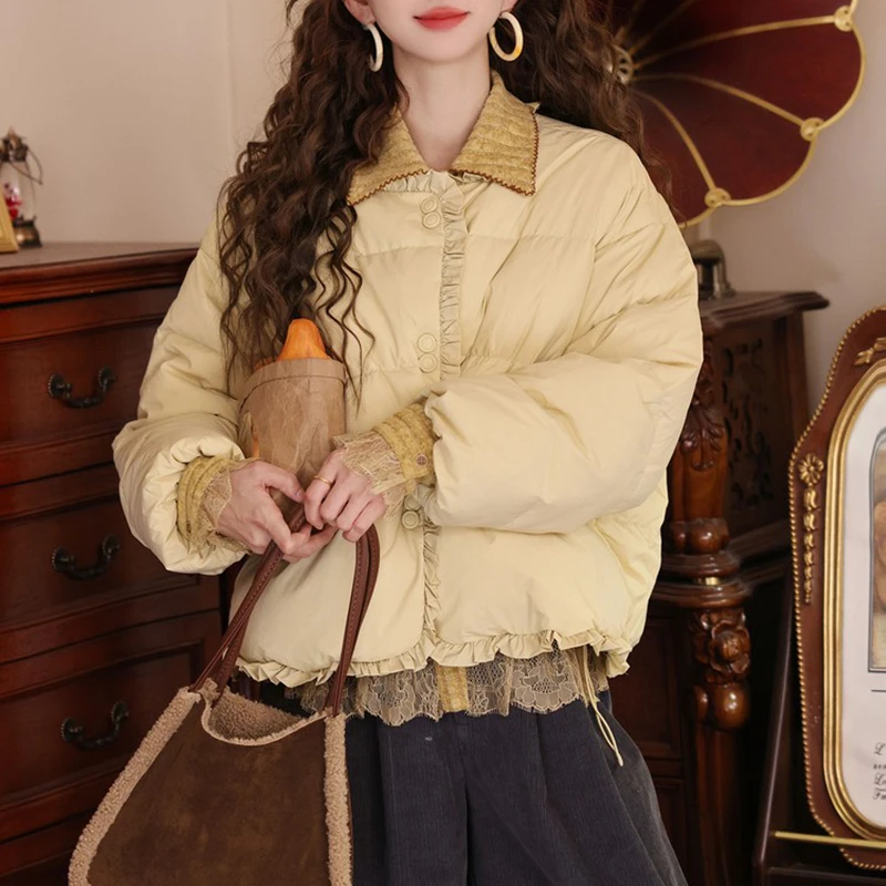 韩版圆领花边拼接单排扣棉服女2025冬季新款加厚保暖宽松显瘦棉衣