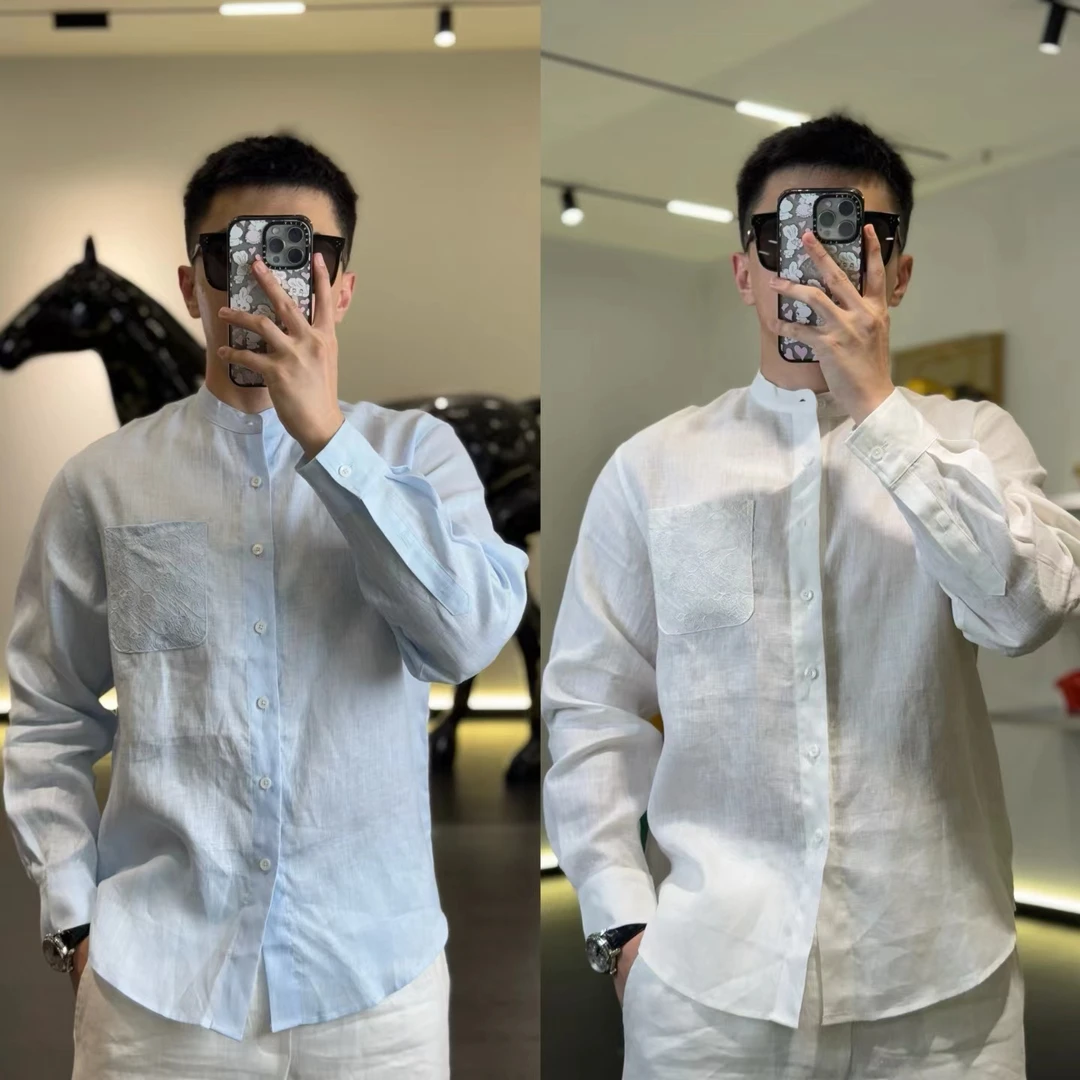 古帝特尼出品慵懒风男士100%亚麻衬衫刺绣口袋立领防晒衬衫TT-555