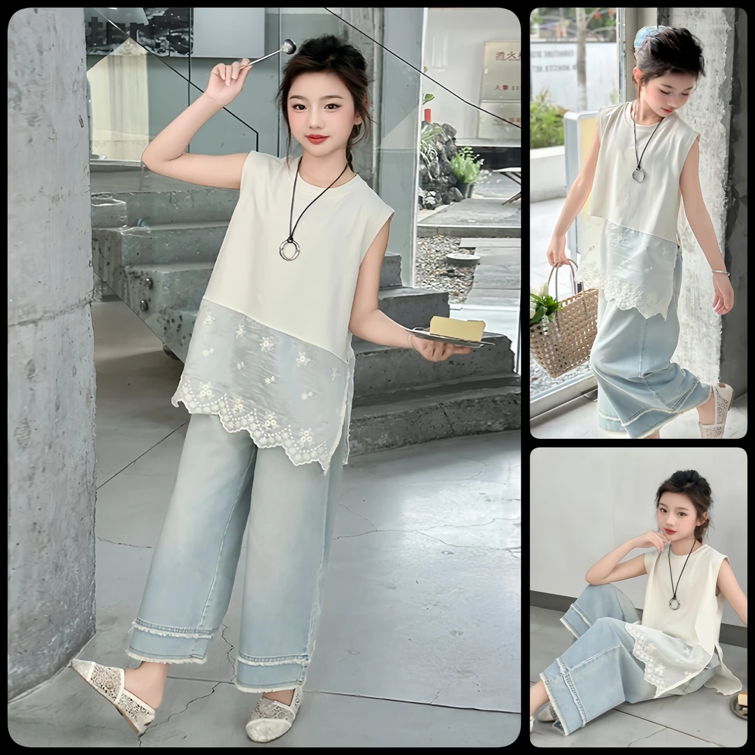 女童套装夏季薄款无袖牛仔裤洋气蕾丝2025新款中大童6-12岁15岁潮