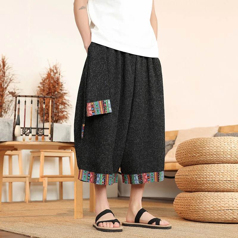 冰丝裤子男夏季薄款阔腿七分裤中国风印花大码宽松潮牌直筒灯笼裤