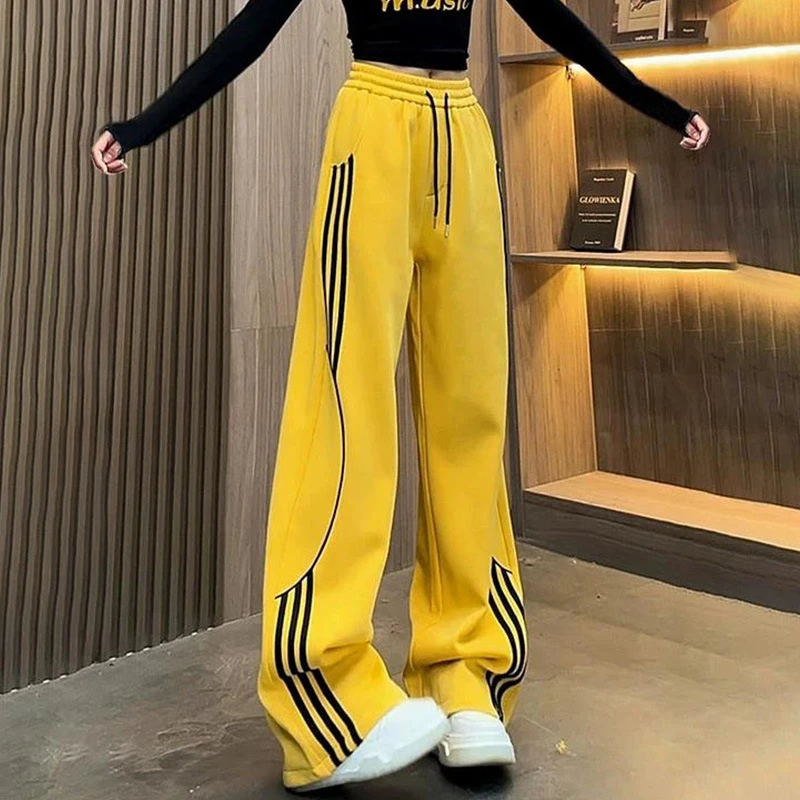 美式撞色条纹卫裤女春秋新款广场舞垂感宽松显瘦时尚直筒阔腿裤LT