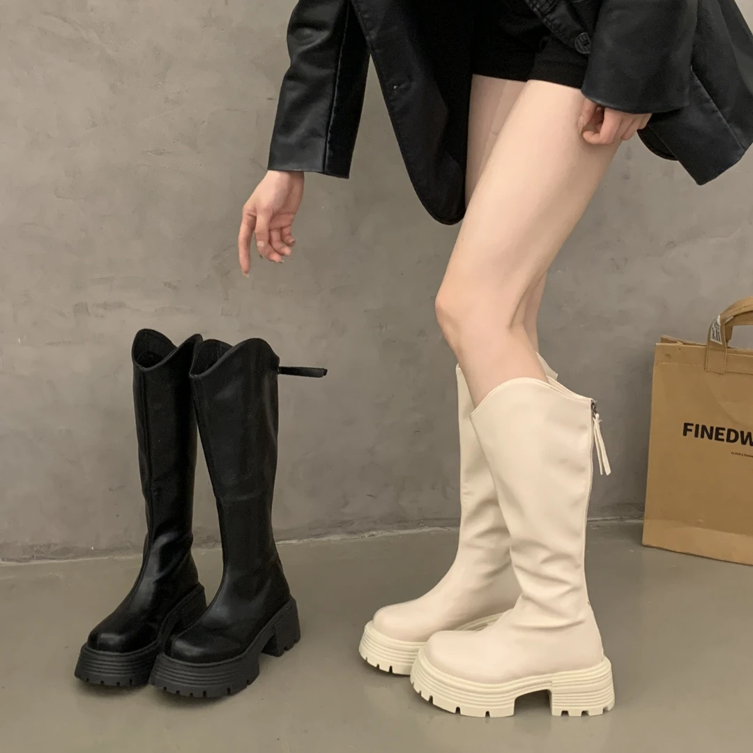 小个子不过膝长筒靴女2025年新款秋冬靴子厚底骑士靴高筒白色长靴