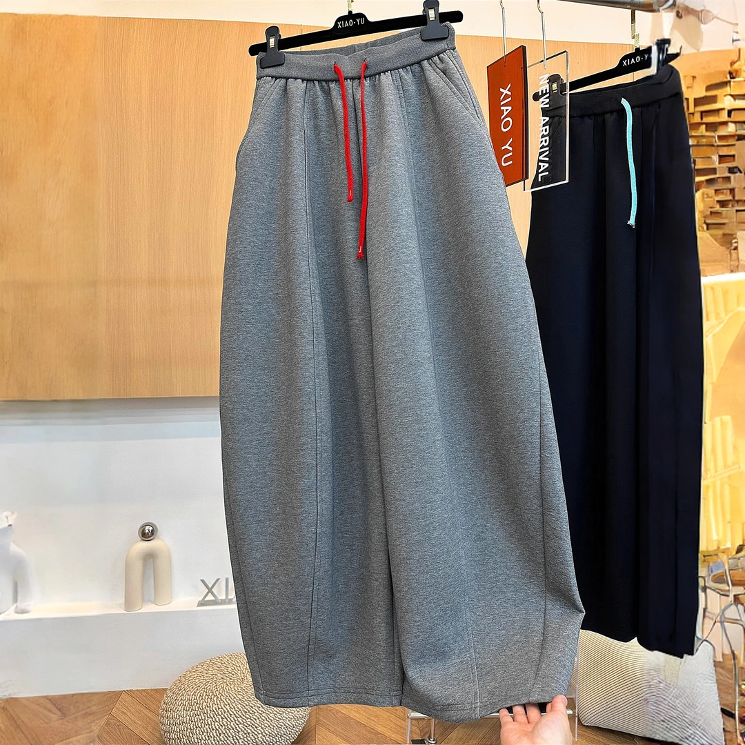 高端欧货早秋新款高级感时尚抽绳松紧腰显瘦宽松弯刀阔腿裤女卫裤