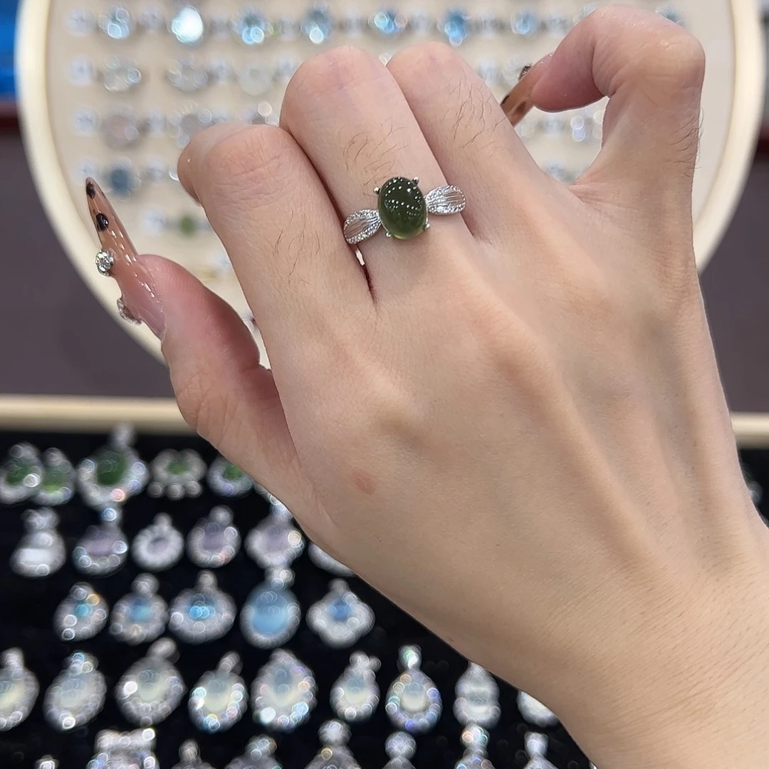 蛇纹石玉银S925镶嵌戒指