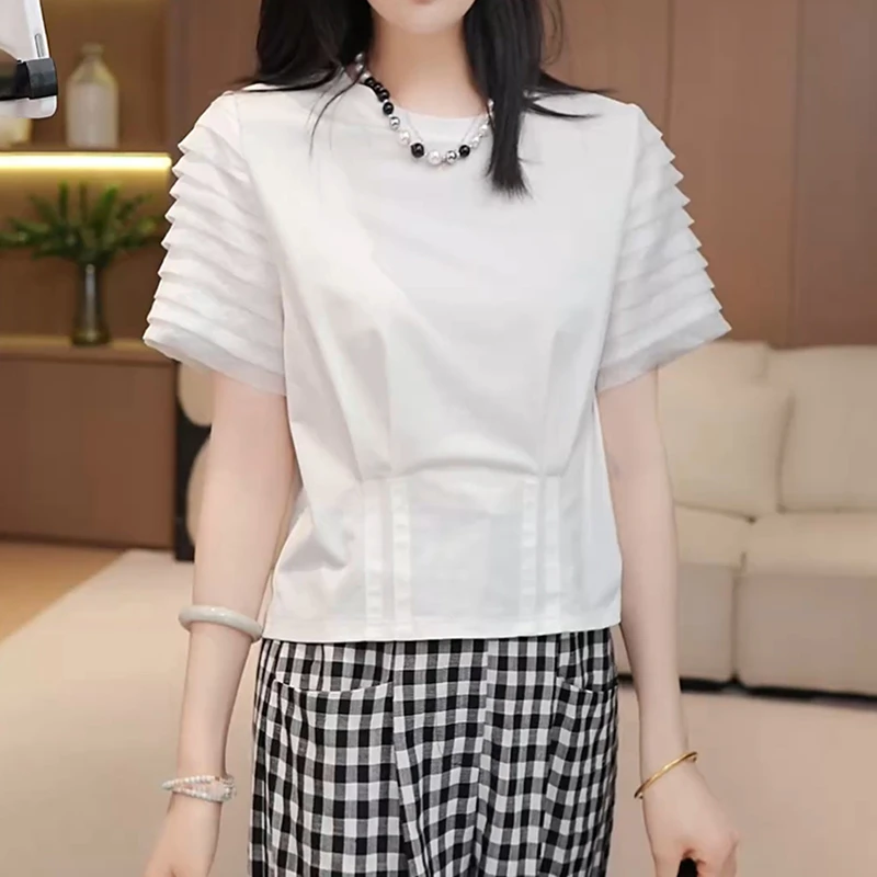 小众简约风别致白色堆堆圆领T恤新款减龄时尚洋气百搭纯色上衣女