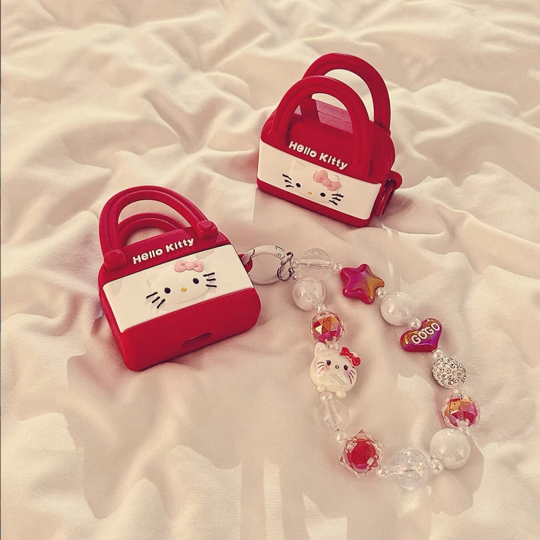 红色KT猫手提袋AirPodsPro1/2苹果4代/3代无线蓝牙耳机套硅胶链条