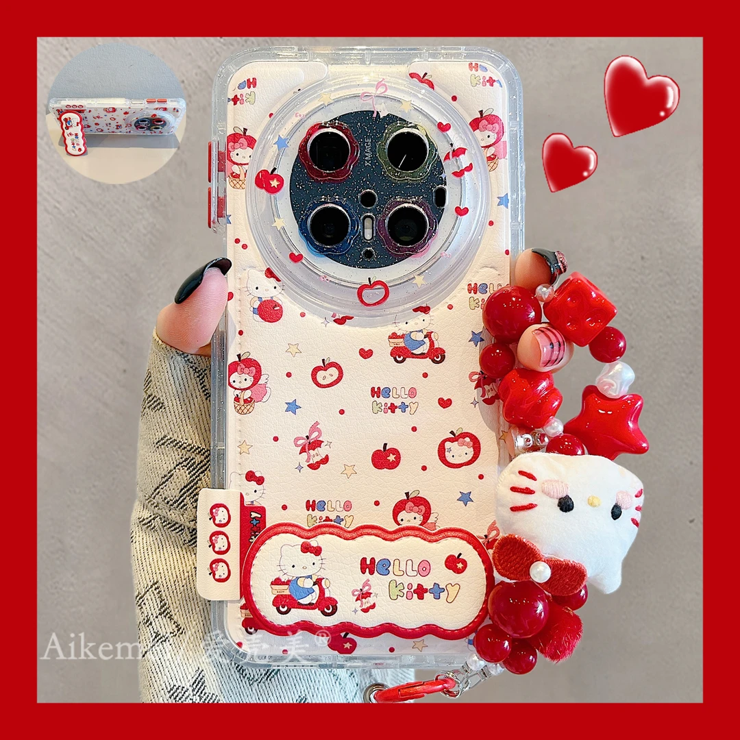 适用华为mate70pro+手机壳皮质苹果mate60pro+骑车kt猫折叠支架女