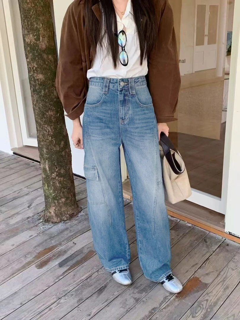 9805-1-薄款工装牛仔裤女新款美式阔腿裤高腰垂坠感裤