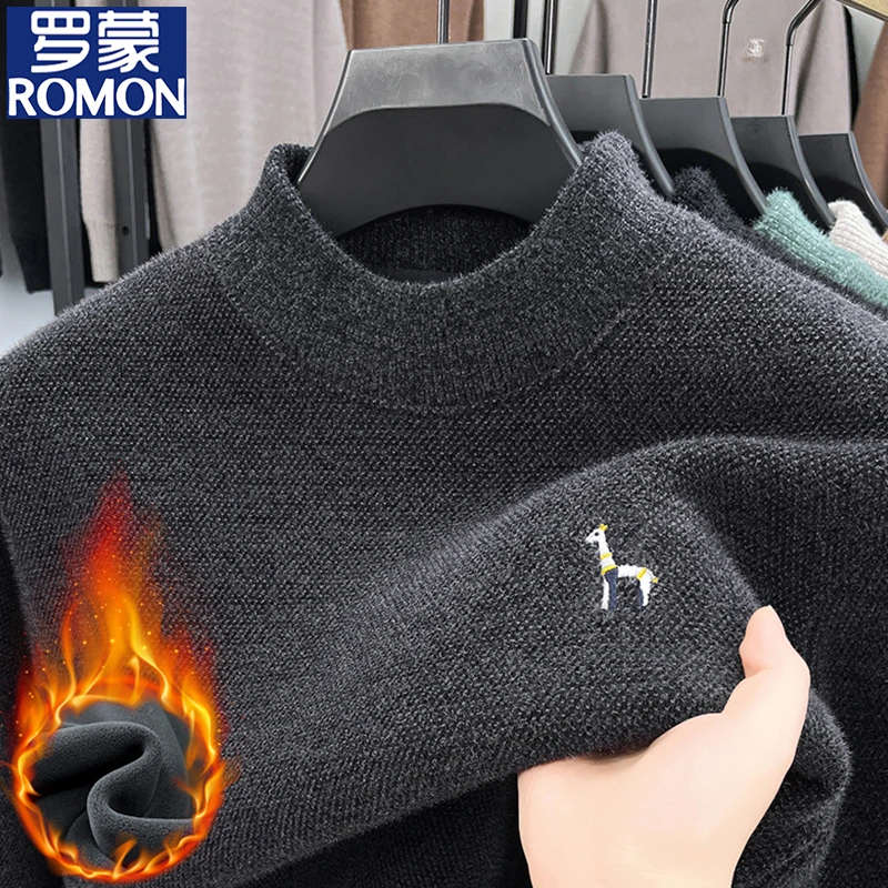 罗蒙冬季加绒保暖半高领毛衣男士刺绣纯色加厚针织衫一体绒打底衫