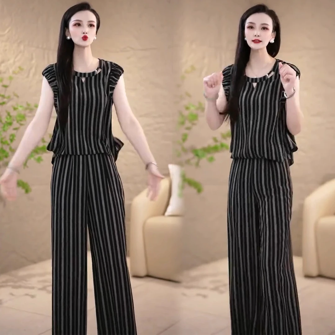 时尚条纹套装女2025夏季新款洋气减龄显瘦无袖上衣阔腿裤两件套潮