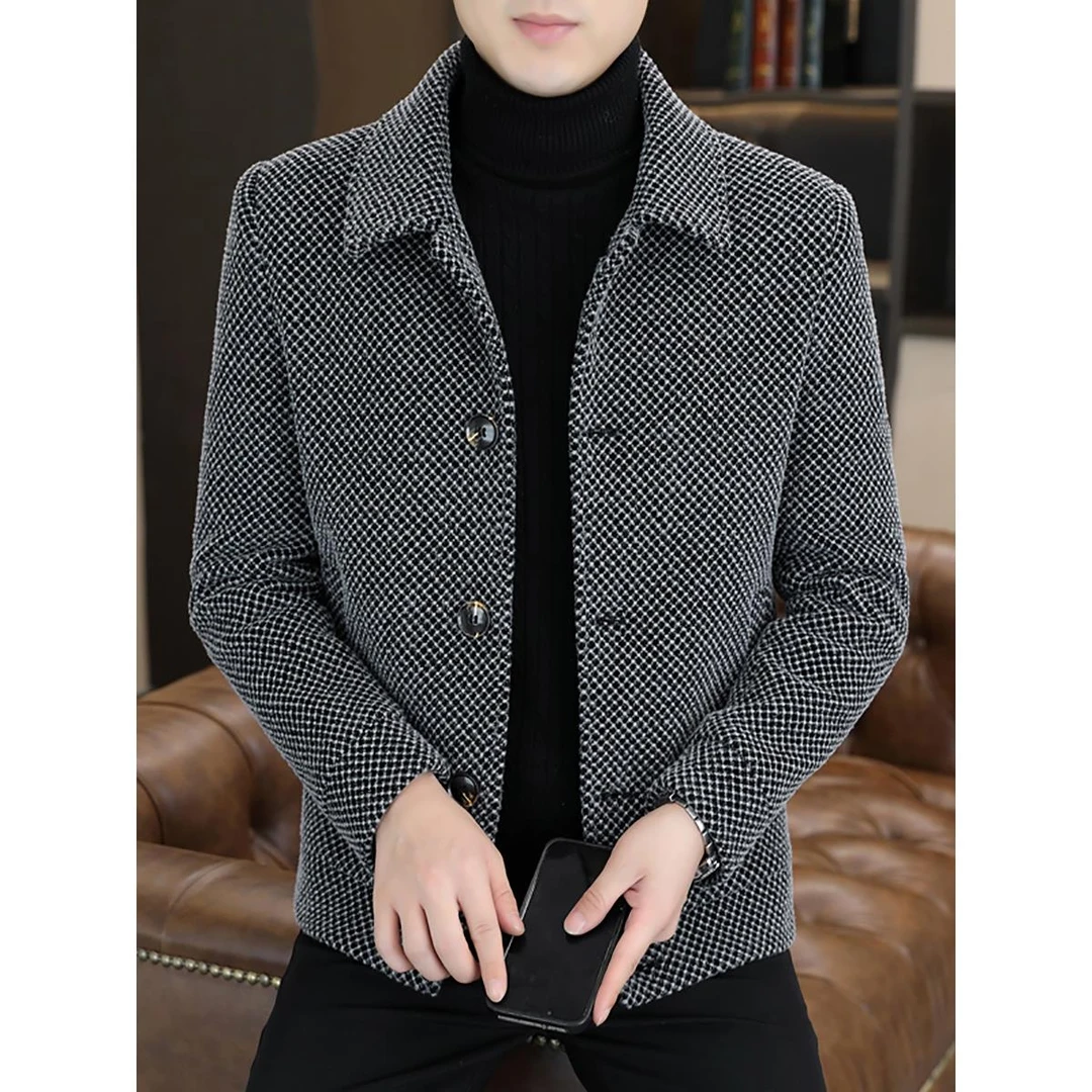 秋冬毛呢外套男款翻领潮牌修身加厚高端休闲格子青年毛呢夹克冬装