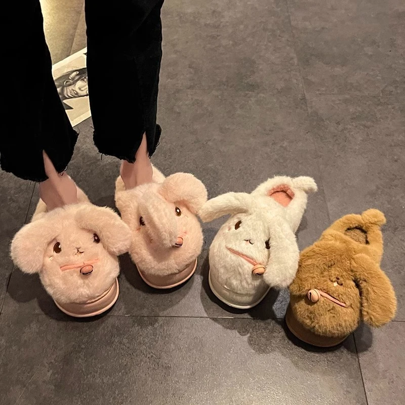 可爱兔子毛绒棉拖鞋女外穿2024秋冬新款增高居家厚底室内保暖棉鞋