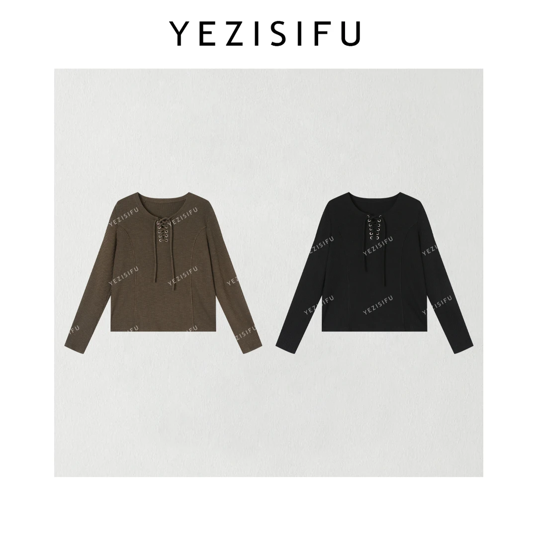 欧尼私服 2025早秋新款竖纹简约气质绑带针织衫上衣2508C5038