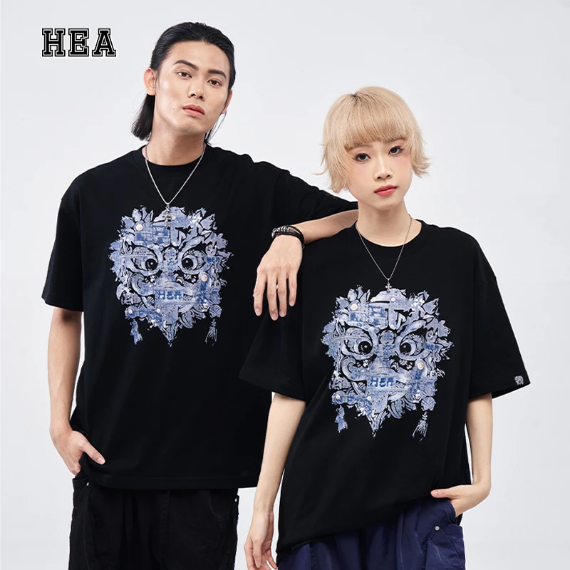 HEA 经典大狮头宽松短袖T恤棉感重磅T恤提花牛仔布拼接立体情侣装