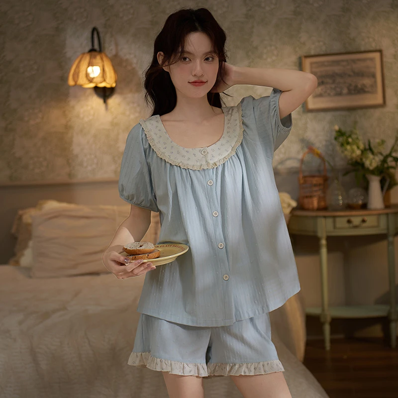 思莉太太【小野丽蓝】女士睡衣新款夏季碎花领甜美韩系可外穿家居服