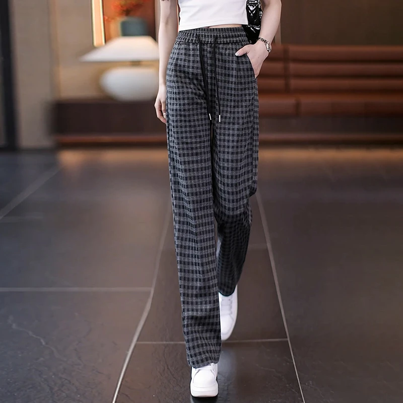 格子窄版阔腿裤女春秋2025新款松紧高腰宽松垂感显瘦休闲直筒裤子
